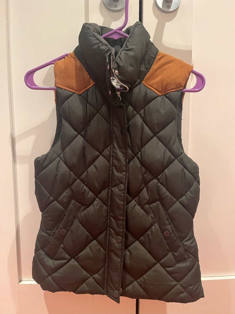H&M Quilted Olive Puffer Vest with Tan Shoulder Panels